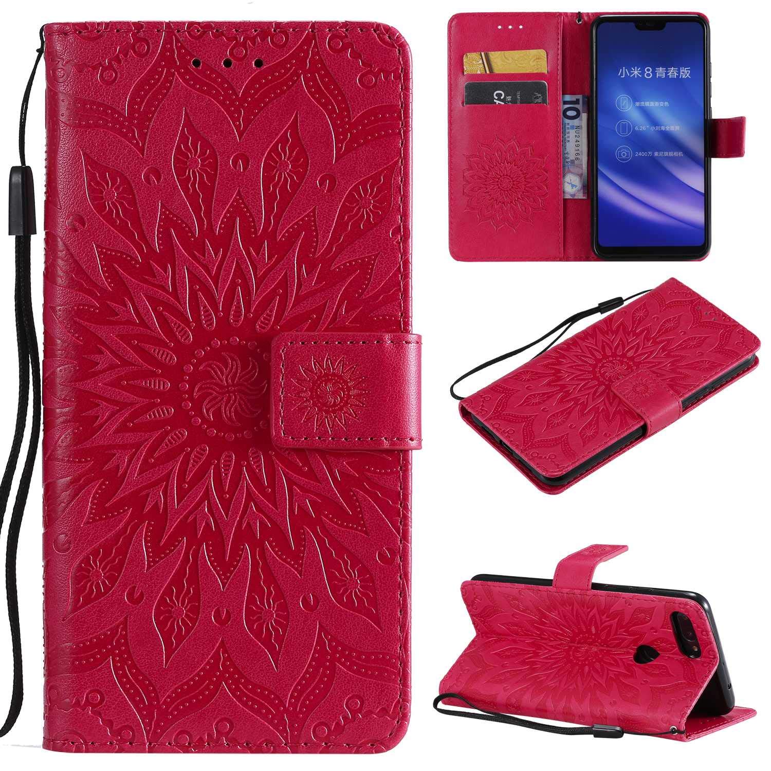 KKEIKO Xiaomi MI 8 Lite Case, Xiaomi MI 8 Lite Flip Leather Wallet Case Notebook Style, Sun Flower Design Shockproof Cover for Xiaomi MI 8 Lite - Red