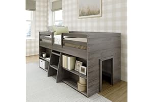 Max & Lily Modern Farmhouse Low Loft Bed, Twin Bed Frame for Kids with 2 Bookcases, Driftwood