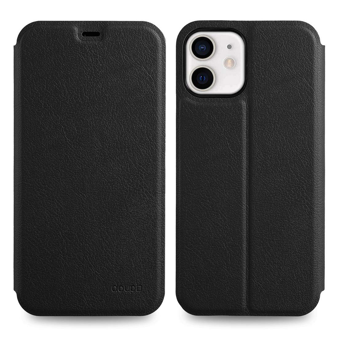 doupi FlipCase for iPhone 12 mini (5.4 inch) - Deluxe Leatherette Magnet Book Style Screen Protector Stand Protective Flip Cover, black