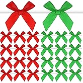 200 Pieces Mini Twist Tie Bows Satin Ribbon DIY Twist Bow Crafts Gift Wrapping Bows for Candy Bags, Christmas, Wedding, Party Present Decoration (Red, Green)
