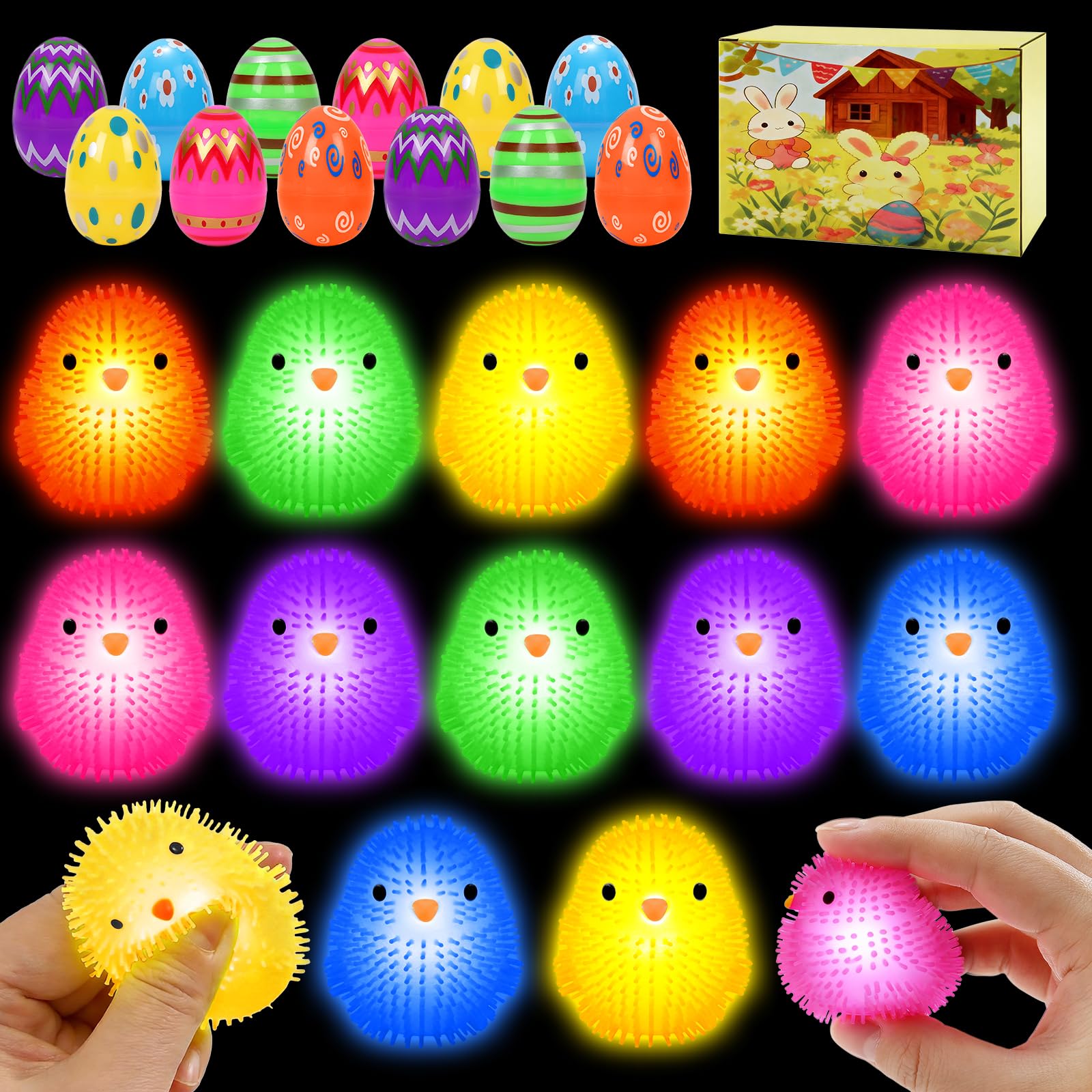 12 Pack Prefilled Easter Eggs with Chick LED Puffer Balls Light Up Easter Egg Fillers Toys Stuffers Stress Relief LED Ball for Kids Easter Basket Essentials Easter Eggs Filled Egg Hunt Fillers Treats