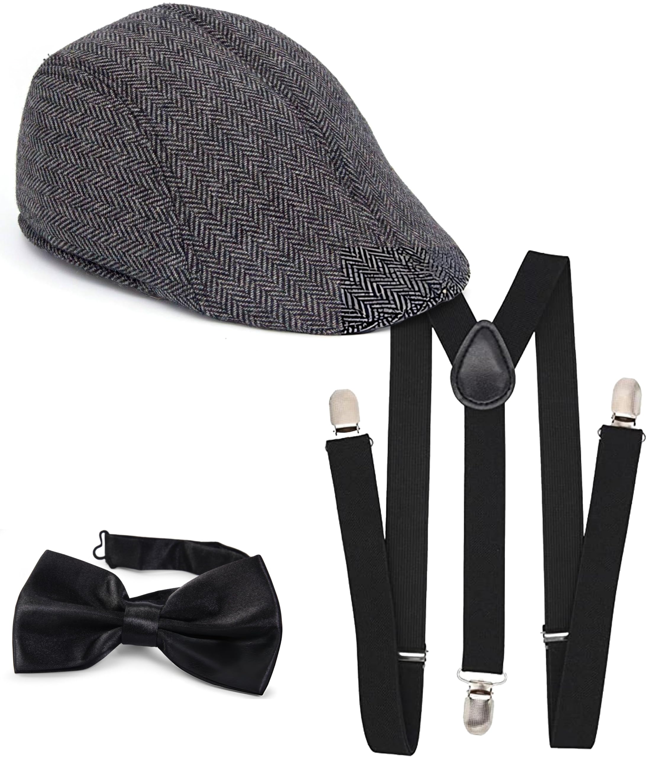 Mega_Jumble® Victorian, Gentleman, Old Man, 20's Tommy Shelby Fancy Dress Stag Night, Mens Gangster Costume Kit - Flat Cap, Black Bow Tie & Black Braces