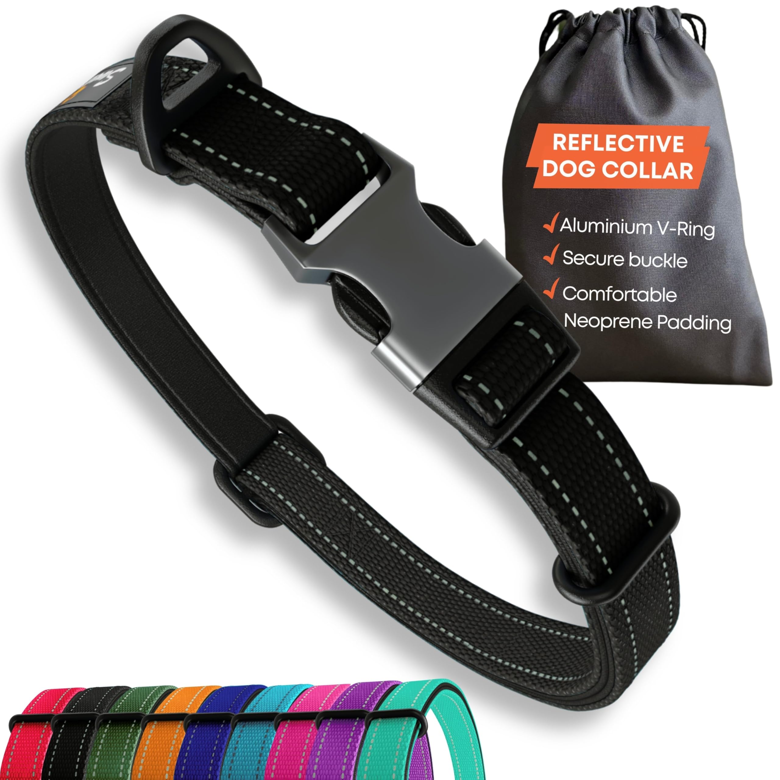 Strong Dog Collar Large Dogs – Black Reflective Adjustable Padded Dogs Collars - Metal Buckle, Aluminium V-ring, Dog Safety