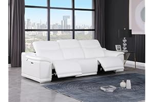 BlackJack Furniture Venice Top Grain Italian Leather Dual Power Recliner Sofa - 107" Luxury Theater Seating Modern Couch for Living Room Apartment Lounge Home with Power Headrest & USB Port, White