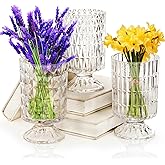 Goaste 3 Pack Embossed Big Base Vase, 7" Crystal Glass Vase, Hydroponic Green Plant Vases, Transparent Flower Vases with Ribbed Pattern for Wedding, Dining Table Centerpieces, Home Decor, Office