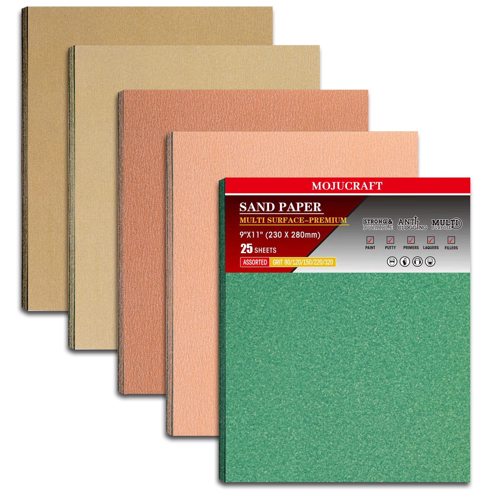 Mojucraft 25 Sheets Professional Sandpaper Set Abrasive Paper Wood Metal Furniture Hand Sander Sandpaper 80/120/150/220/320 Grit Sandpaper Sheets for Cutting