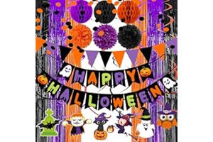 YGBMDZ Halloween theme Party Decorations,Happy Halloween Banner with Paper Triangle Flag,Hanging Swirl Streamers,Honeycomb Ball,Tissue Paper Pom,Circle Dots Garland,Fringe Curtains (halloween)
