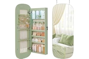 SONGMICS Jewelry Organizer, LED Jewelry Cabinet Wall/Door Mounted, Lockable Rounded Wide Mirror with Storage, Interior Mirror