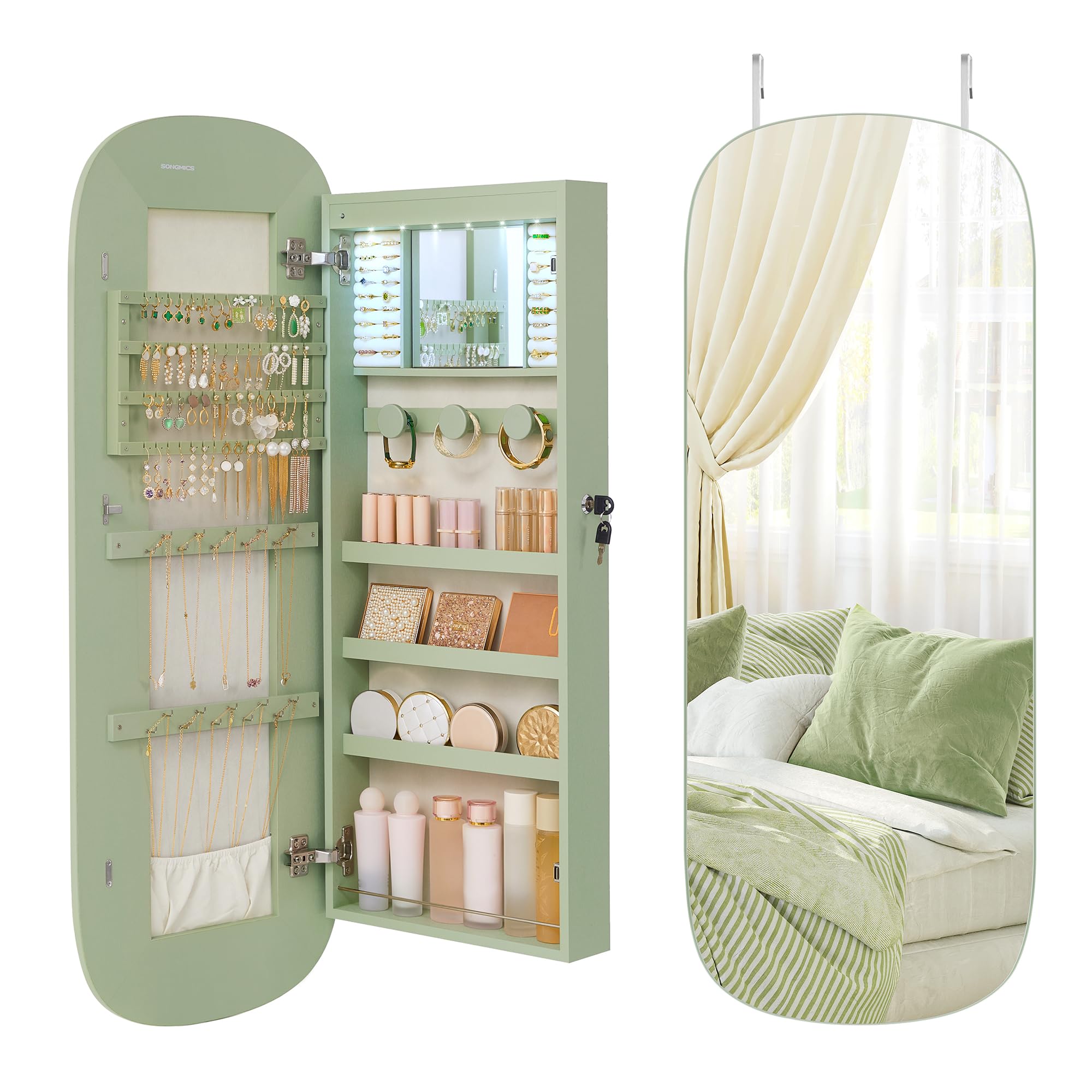 SONGMICS Jewelry Organizer, LED Jewelry Cabinet Wall/Door Mounted, Lockable Rounded Wide Mirror with Storage, Interior Mirror, 3.9 x 16.5 x 42.5 Inches, Laurel Green Surface with Cream White Lining Image SONGMICS Jewelry Organizer, LED Jewelry Cabinet Wall/Door Mounted, Lockable Rounded Wide Mirror with Storage, Interior Mirror, 3.9 x 16.5 x 42.5 Inches, Laurel Green Surface with Cream White Lining Image