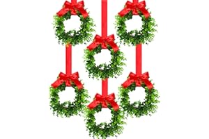 Canlierr 6 Pcs 8 Inch Christmas Kitchen Cabinet Wreaths with 31.5inch Ribbon Small Mini Christmas Wreath for Window Door Chair Wall Xmas Decoration(Fresh)