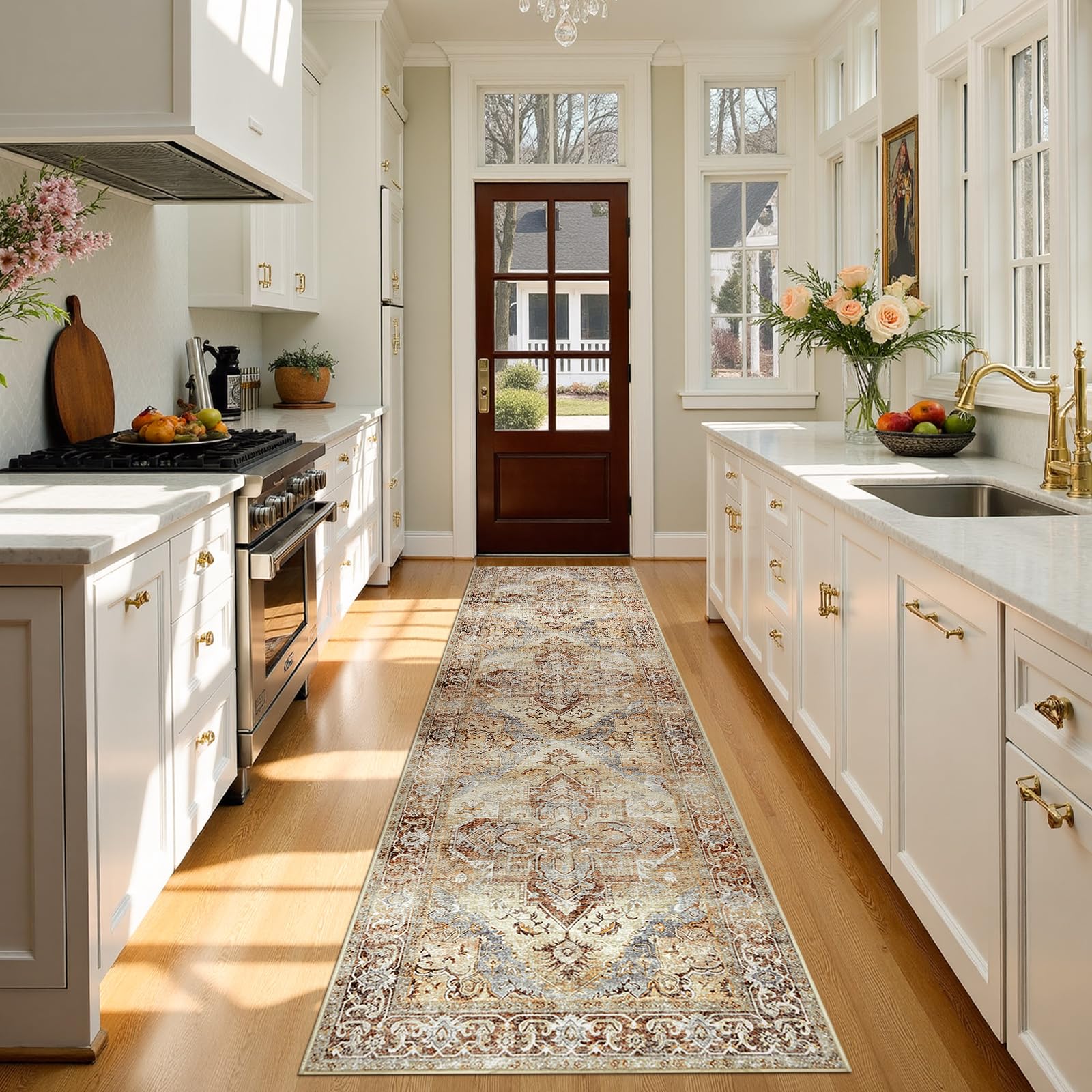 Photo 1 of jinchan Hallway Rug 3x10 Runner Rug for Kitchen Entryway Stairway Bedroom Laundry Room Vintage Washable Non-Slip Thin Chenille Retro Lightweight Long Rug Warm Taupe