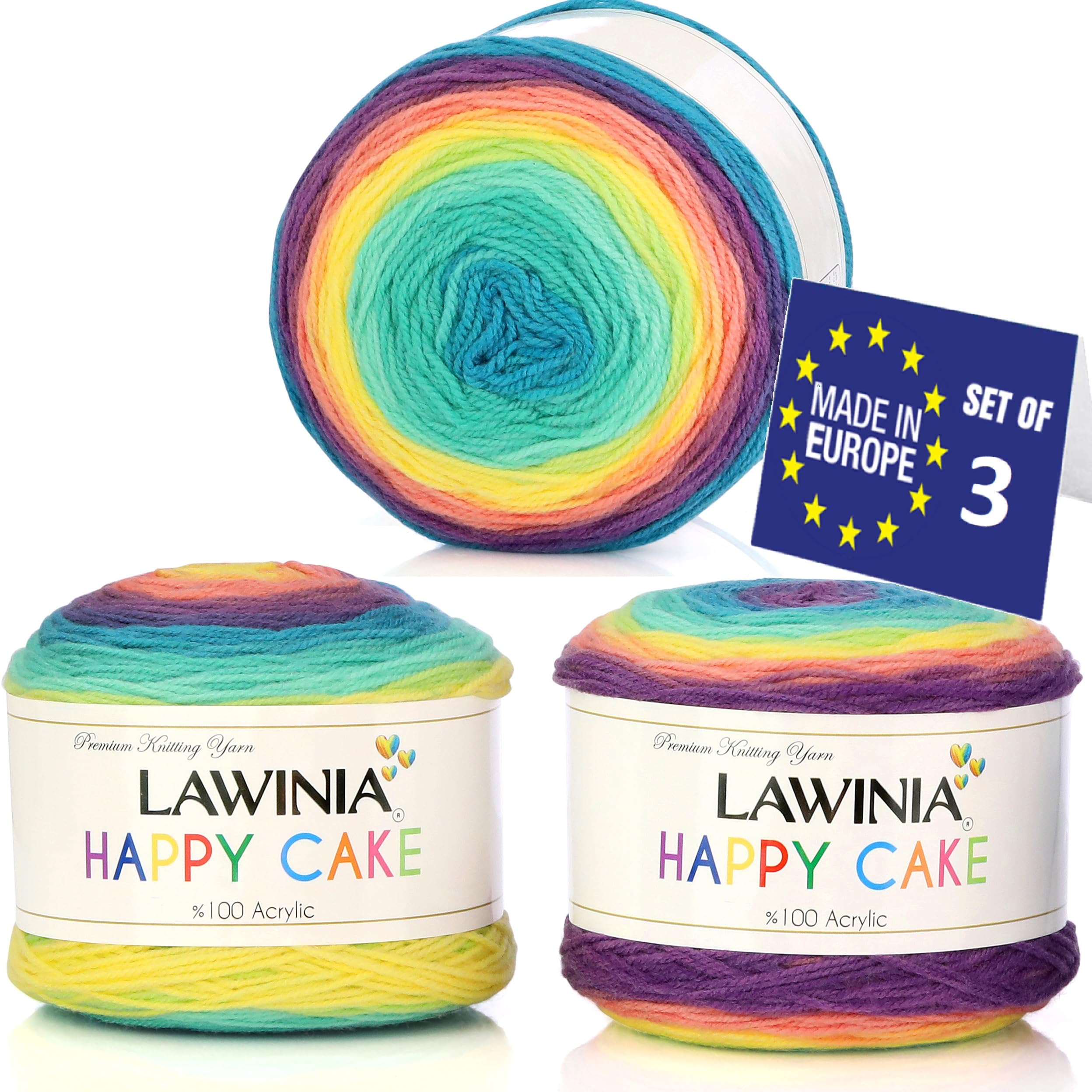 LAWINIA Happy Cake Premium Rainbow Yarn DK, Pack of 3 Each 150g - 530m Cake DK Knitting Yarn, Gradient Rainbow Wool for Knitting, Multicoloured Wool