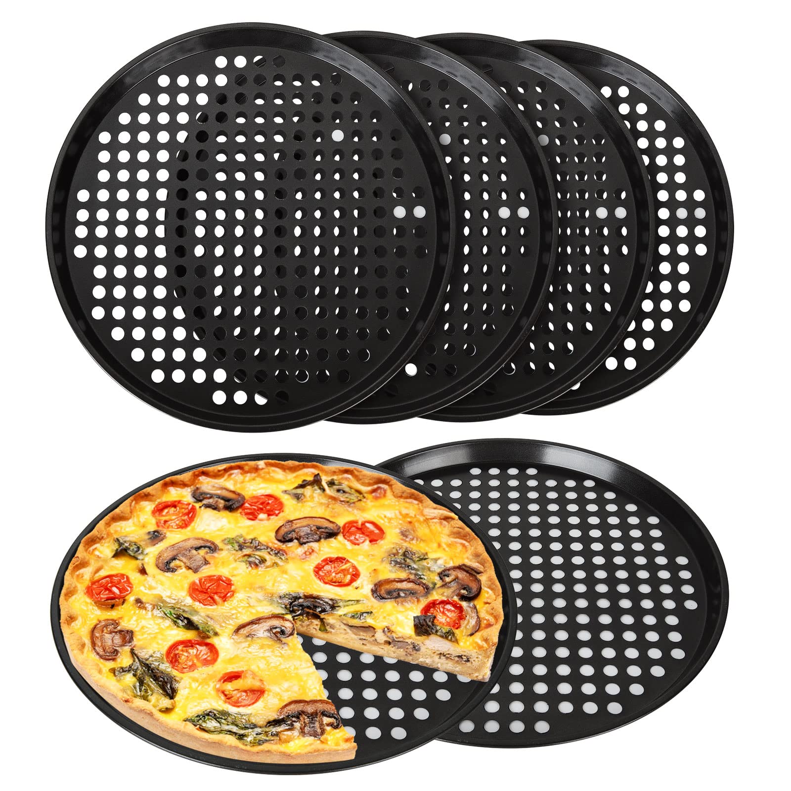 Goyada 6-Pack 12-Inch Carbon Steel Non-Stick Pizza Trays - Round, Perforated Dough Tray Pans for Baking & Roasting