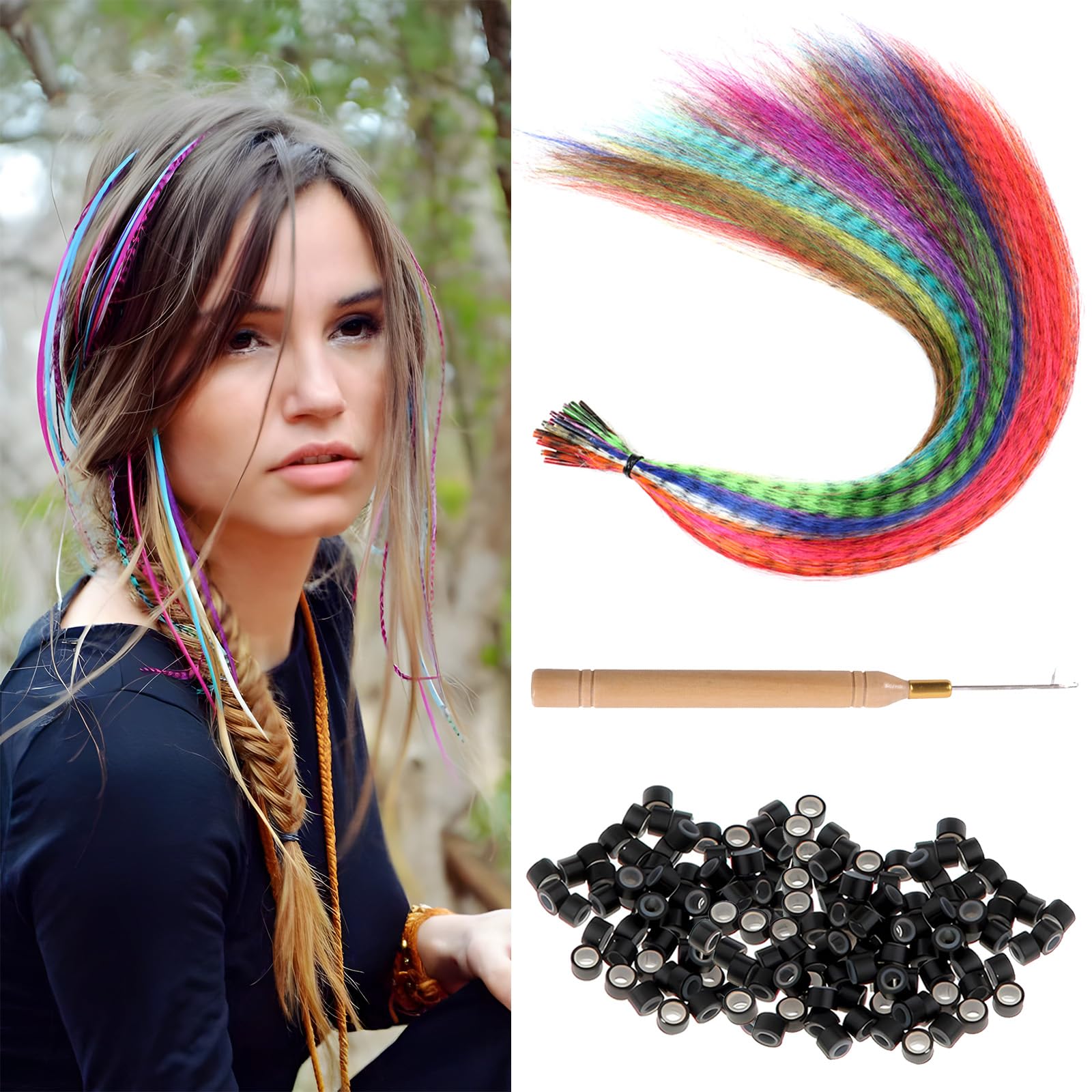 Photo 1 of Kootinn Hair Feathers Extension Kit - 13 Colors Mixed Colors Colored Synthetic Feather Hair Extensions Kit (Not Real Feather) with 100 Pcs Silicon Micro Link Beads 1 Crochet Hook Tools Kit (17 Inch)