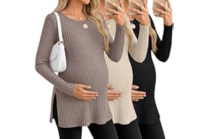 Ficerd 3 Pack Women's Maternity Shirts, Ribbed Long Sleeve Pregnancy Sweaters Crew Neck Slit Side Knit Pregnant Tunic Tee Top