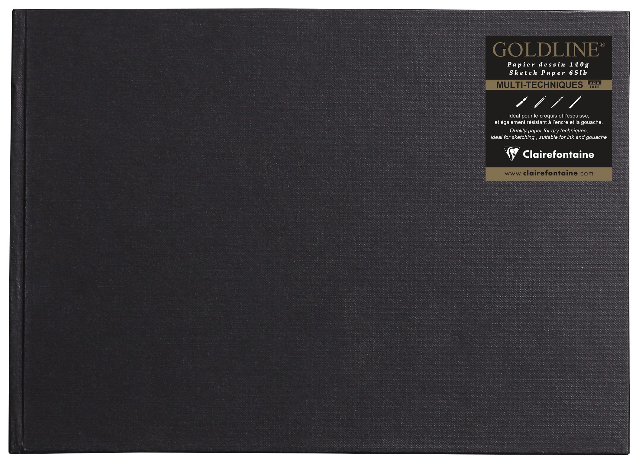 Clairefontaine - Ref 34244C - Goldline Casebound Pad (64 White Sheets) - A4 (297 x 210mm) Size, 140gsm Paper, Landscape Layout - Black Cover - Suitable for Dry Techniques — image 1