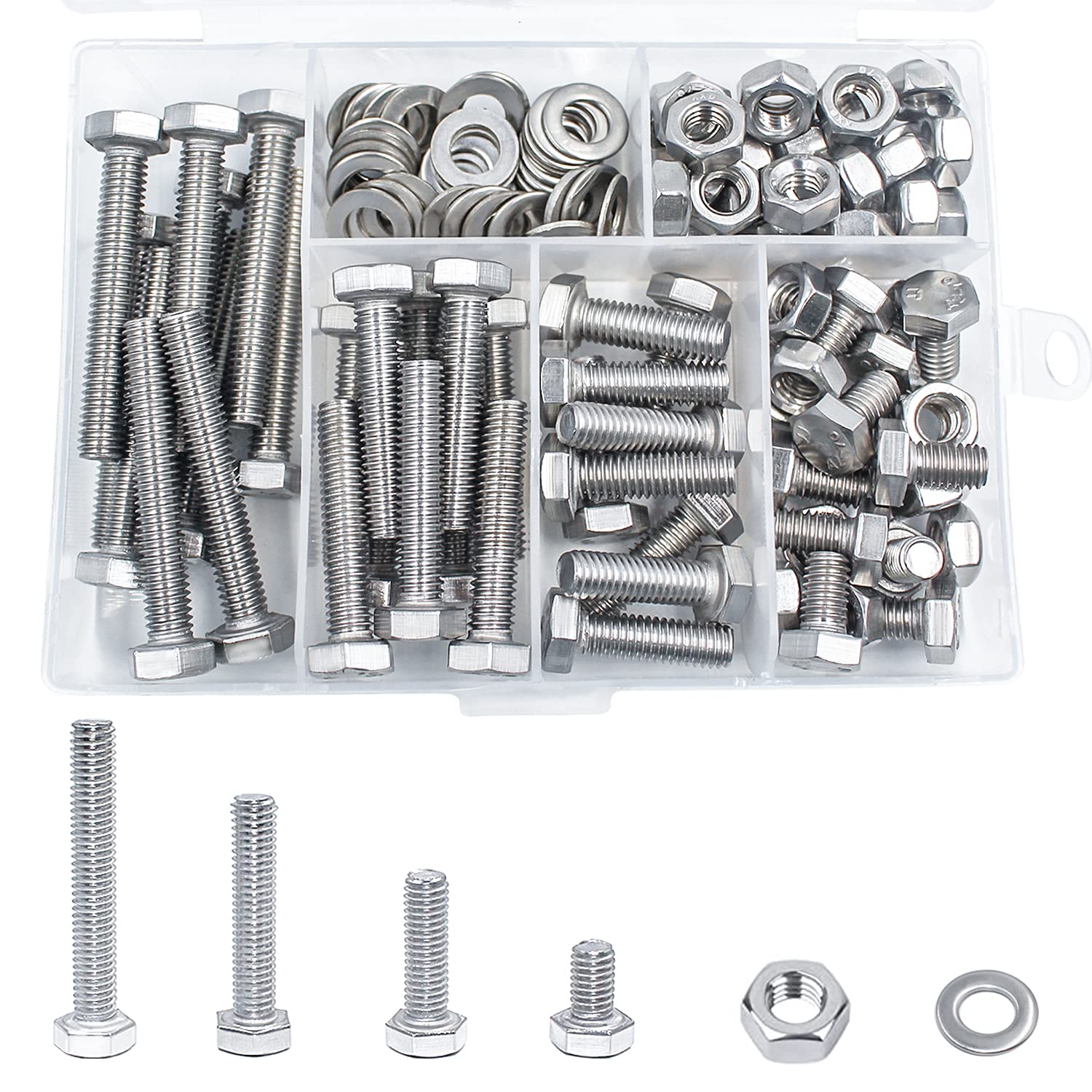 Nuts and Bolts Set M6 Bolts and Nuts 304 Stainless Steel M6 Hex Bolt Kit 10mm 20mm 30mm 40mm with Washers and Reusable Storage Box 120pcs