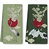 Yjeslw Japanese Crane Bird Kitchen Towels, Vintage Crane Green Hand Dish Towels Decor, Bird Lovers Gifts Tea Towel for Kitchen Decorative, Japanese Bathroom Decor, 16x24 Inch Set of 2
