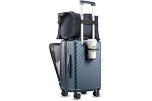 LUGGEX Carry On Luggage with Cup Holder and Front Pocket, Expandable PC Hard Shell Suitcase 2 Piece (Blue, 20/Tote)