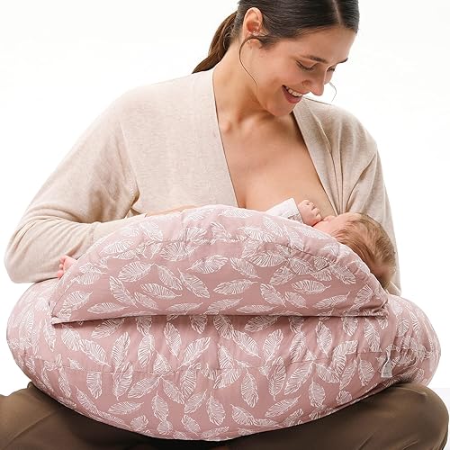 momcozy Nursing Pillow With Breastfeeding - Ergonomic Support & Original Security Fence to Baby' Safety - Making Breastfeeding Easy and Comfort for Mom & Baby - Removable Cotton Cover, Pink