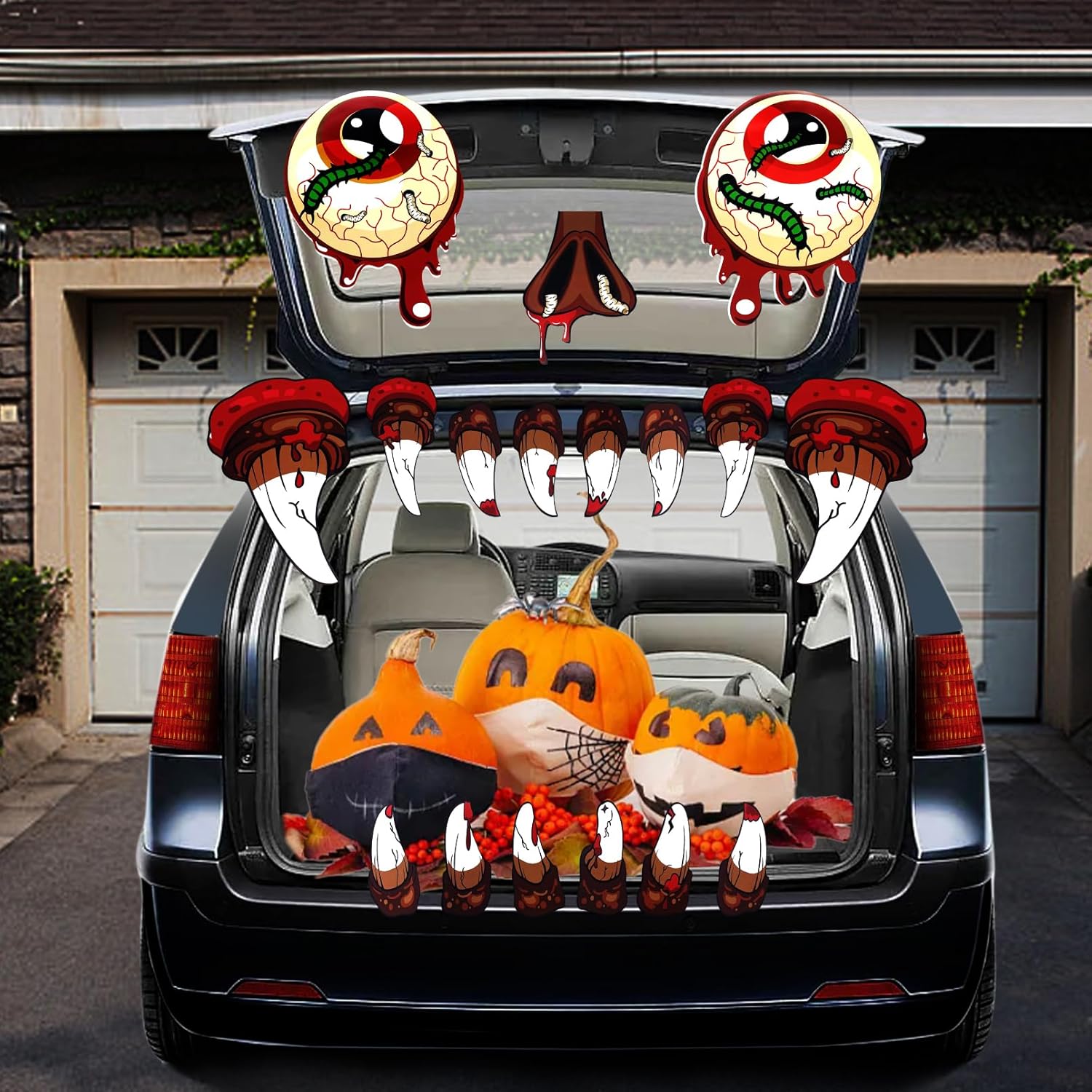 Garage Door Decorations - IRmm Halloween Trunk Or Treat Car Decorations Kit, Halloween Garage Door Decorations, Monster Face Sticker Halloween Car Decoration with Eyes Fangs Nostrils for Halloween Garage Door Car Archway Decor
