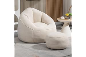 Sudwesto Bean Bag Sofa, Microfiber Upholstered Bean Bag Couch with Petal Back, Padded Lazy Sofa with Footstool, Memory Foam Stuffed Bean Bag Couch for Living Room, Bedroom, Apartment (Beige)