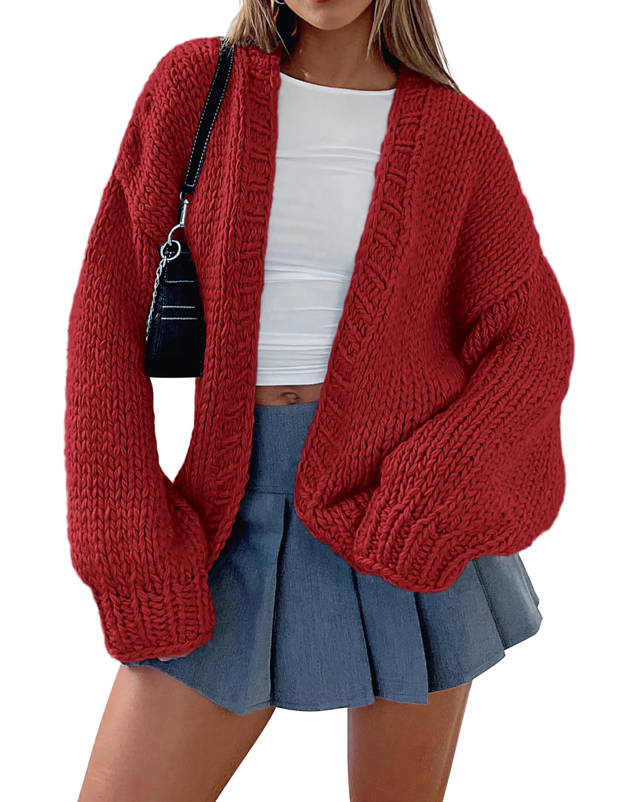 Photo 1 of dowerme Women's Oversized Cardigan Sweaters 2025 Fall Fashion Open Front Long Sleeve Outerwear Chunky Knit Winter Coats(Jujube Red,2XLarge)
