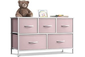 Sorbus Kids Dresser with 5 Drawers - Storage Chest Organizer Unit with Steel Frame, Wood Top, Easy Pull Fabric Bins - Long Wide TV Stand for Bedroom Furniture, Hallway, Closet & Office Organization