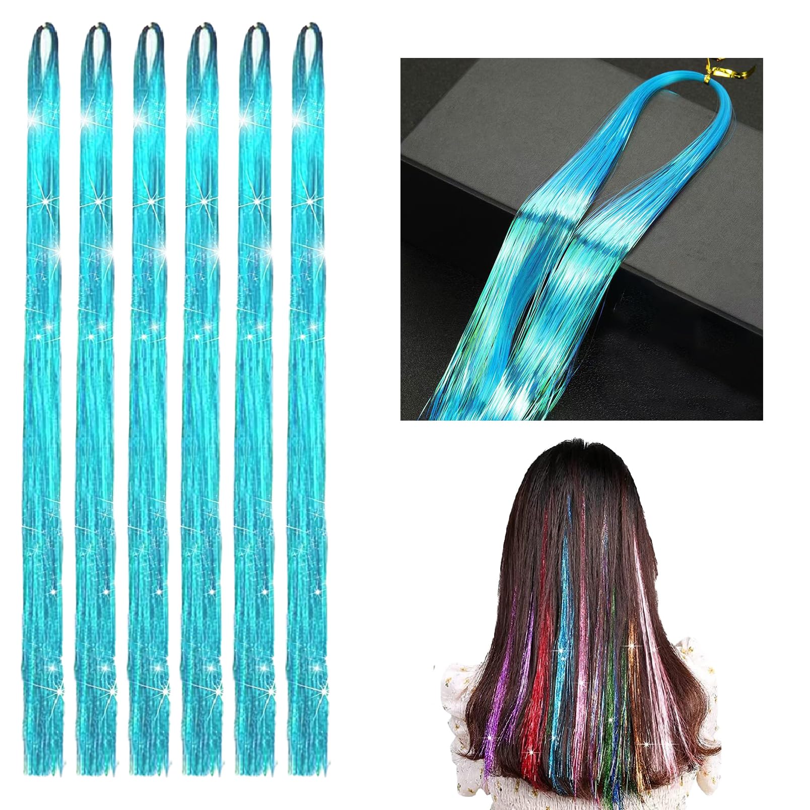 6 Pcs Phantom Blue Glitter Hair Extensions, Straight Tinsel Kit - Colorful Hair Accessories for Women & Girls, Perfect for Christmas, New Year, Halloween