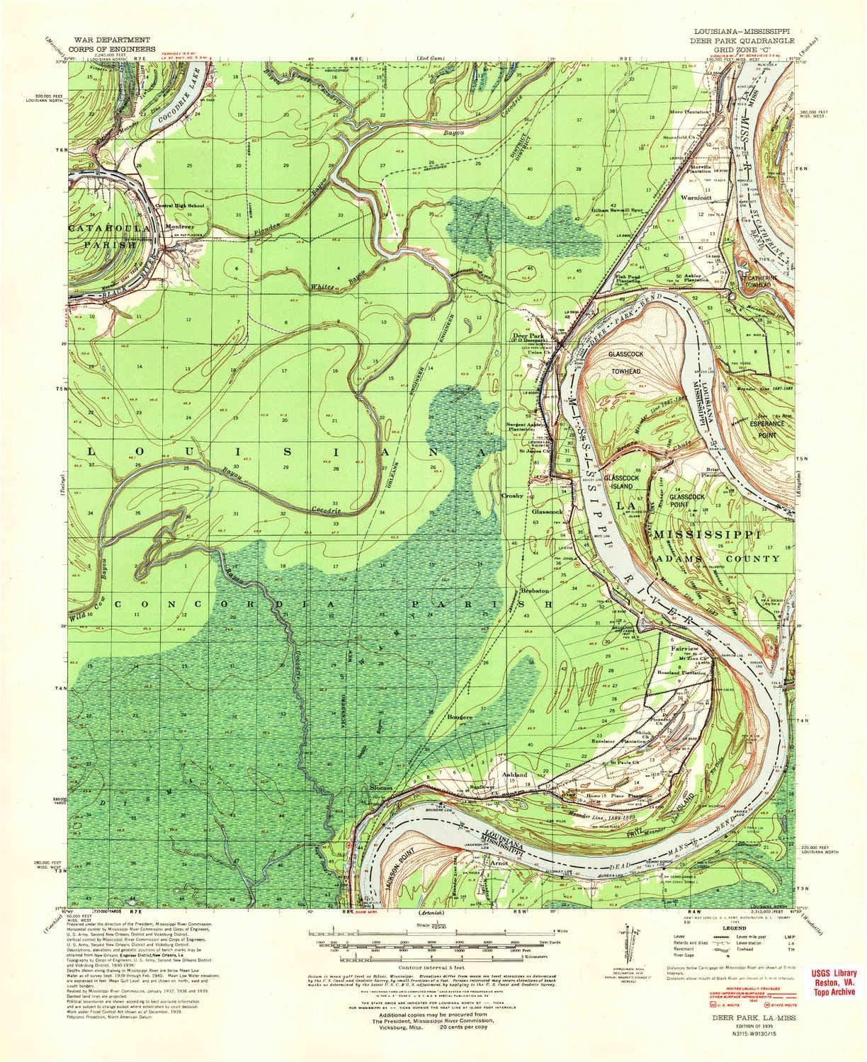 YellowMaps Deer Park LA topo map, 1:62500 Scale, 15 X 15 Minute, Historical, 1939, Updated 1951, 21.9 x 17.9 in