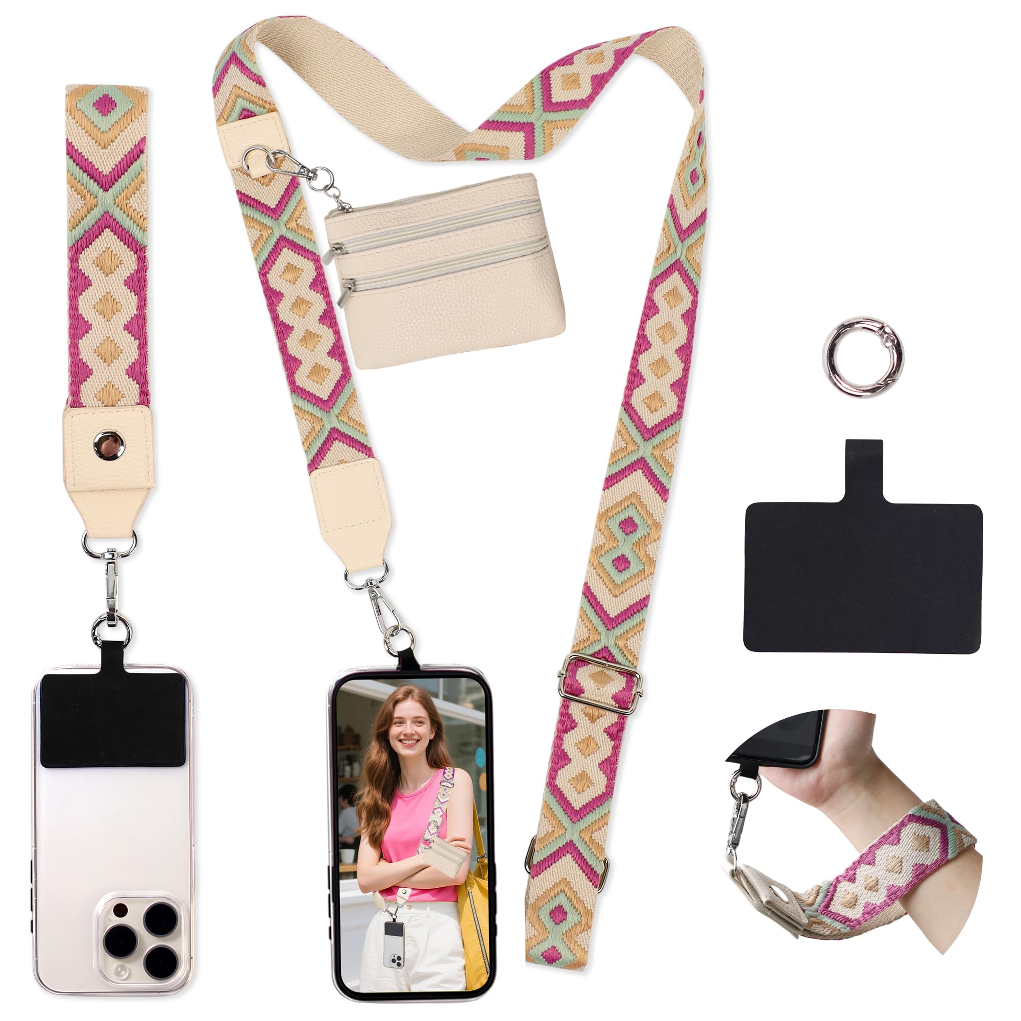 FUVLIFE Phone Lanyard Crossbody Wrist Strap, Adjustable Clip and Go Strap for Phone with Wallet Crossbody, Phone Strap with Zippered Pouch, Universal Hands-Free for All Cell Phone