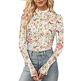 Aoulaydo Long Sleeve Floral Mesh Tops Mockneck Going Out Tops for Women Fashion Spring Outfits 2025
