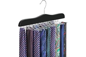 TOPIA HANGER Tie Rack Hanger for Closet, Wooden Tie Organizer for Men with 24 Folding Hooks, Space Saving Necktie Holder for Storage and Display Bra, Tank Top, Camisole (1-Pack), Black- CT14B