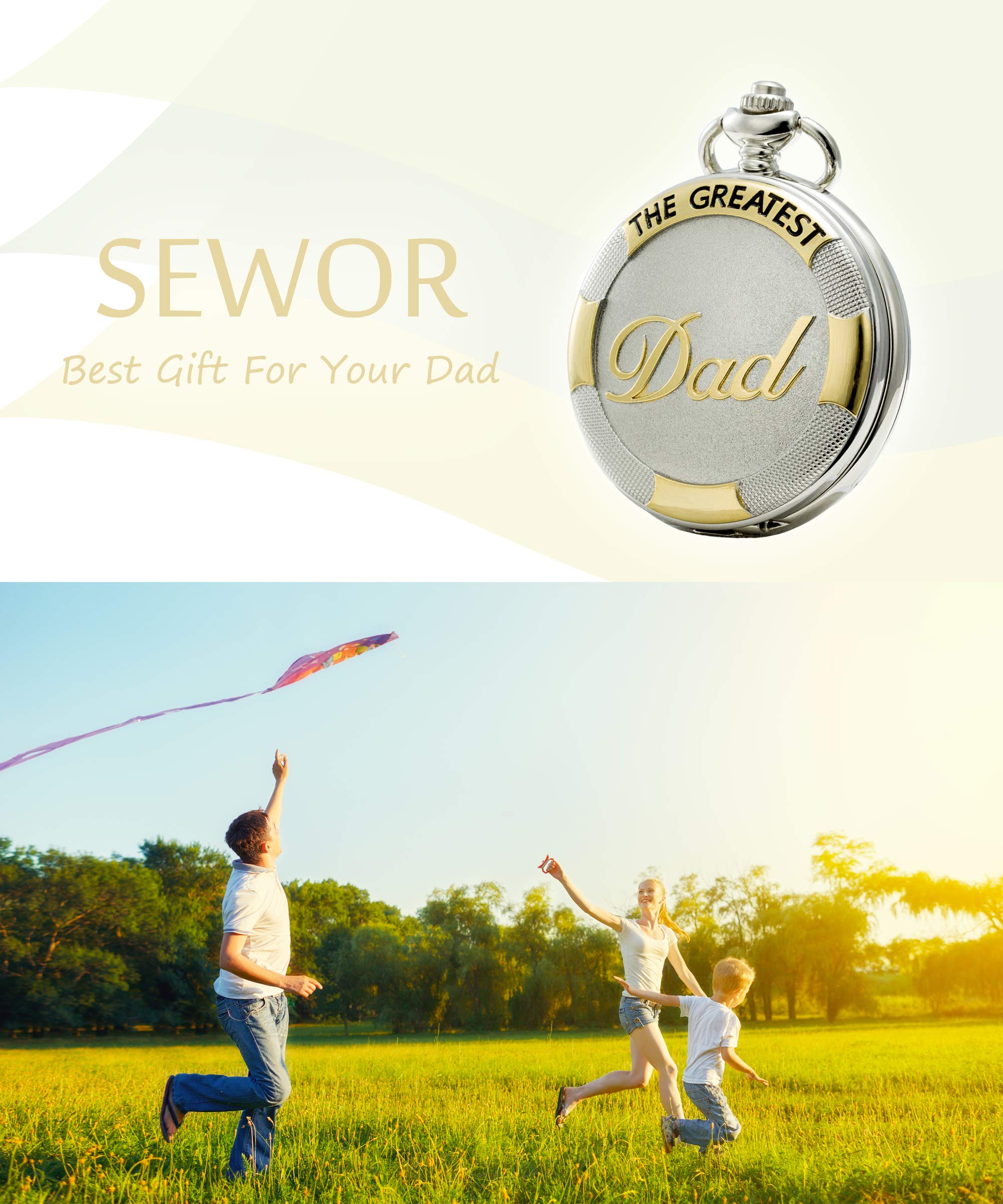 SEWOR Father\'s Day Quartz Pocket Watch Shell Dial Gold & Sliver Case Family Xmas Gift (DAD)