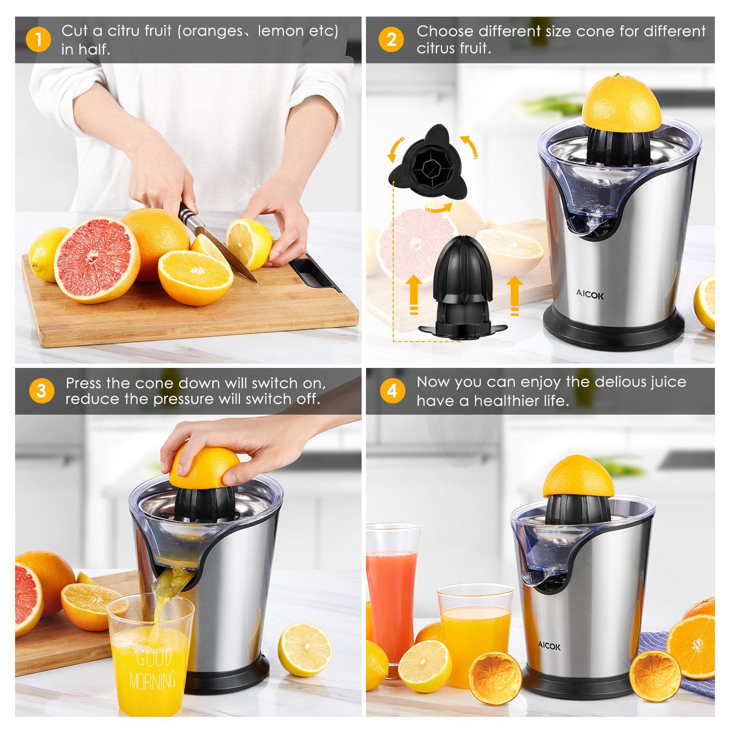 Aicok Citrus Juicer Electric Brushed Stainless Citrus Juicer Squeezer