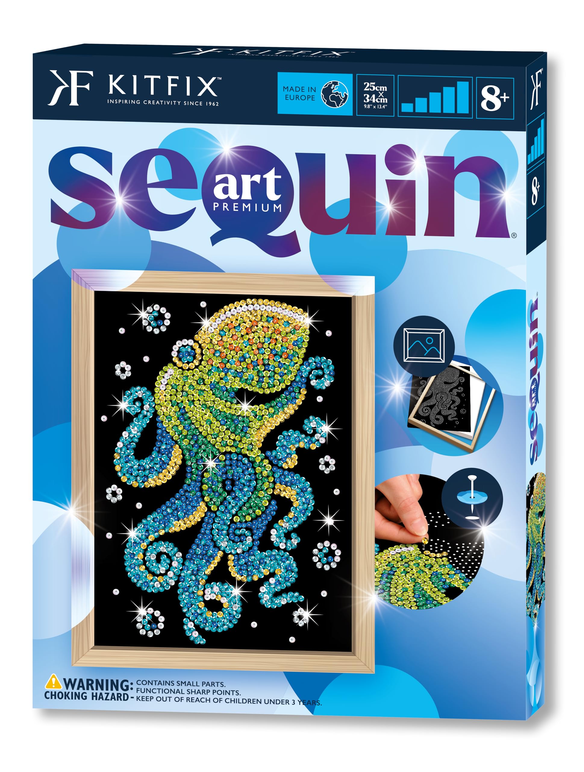 Kitfix - Sequin Art Octopus with Wooden Frame - 27 x 36cm - Sequin Art Blue Premium - Creative Set - Craft Kit for Adults, Teenagers and Children Aged 8+ - 2221