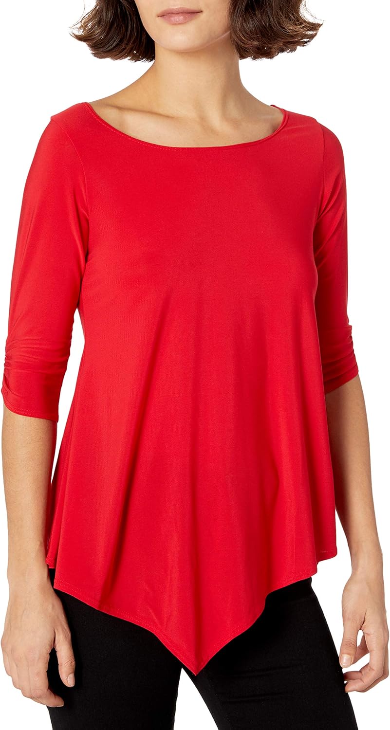 Star Vixen Women's Petite Elbow-Cinch Sleeve Hanky Hem Top: Clothing