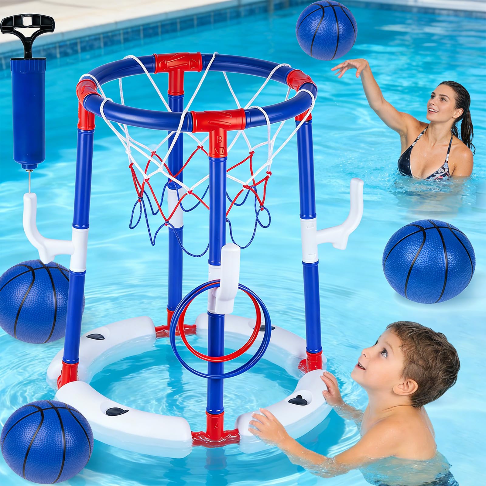 YAXTOOEL Swimming Floating Pool Basketball Hoop, 2-in-1 Basketball & Ring Toss Game with 4 Balls, 6 Rings&Pump, Summer Pool Toys Outdoor Water Fun Family Party for Age 3-12