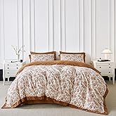 SUSYBAO Vintage Floral Duvet Cover King 100% Cotton 3 Pcs Set 1 Garden Caramel Flower Botanical Duvet Cover with Zipper Ties 2 Pillow Shams Farmhouse Brown Hemmed Bedding Set Soft