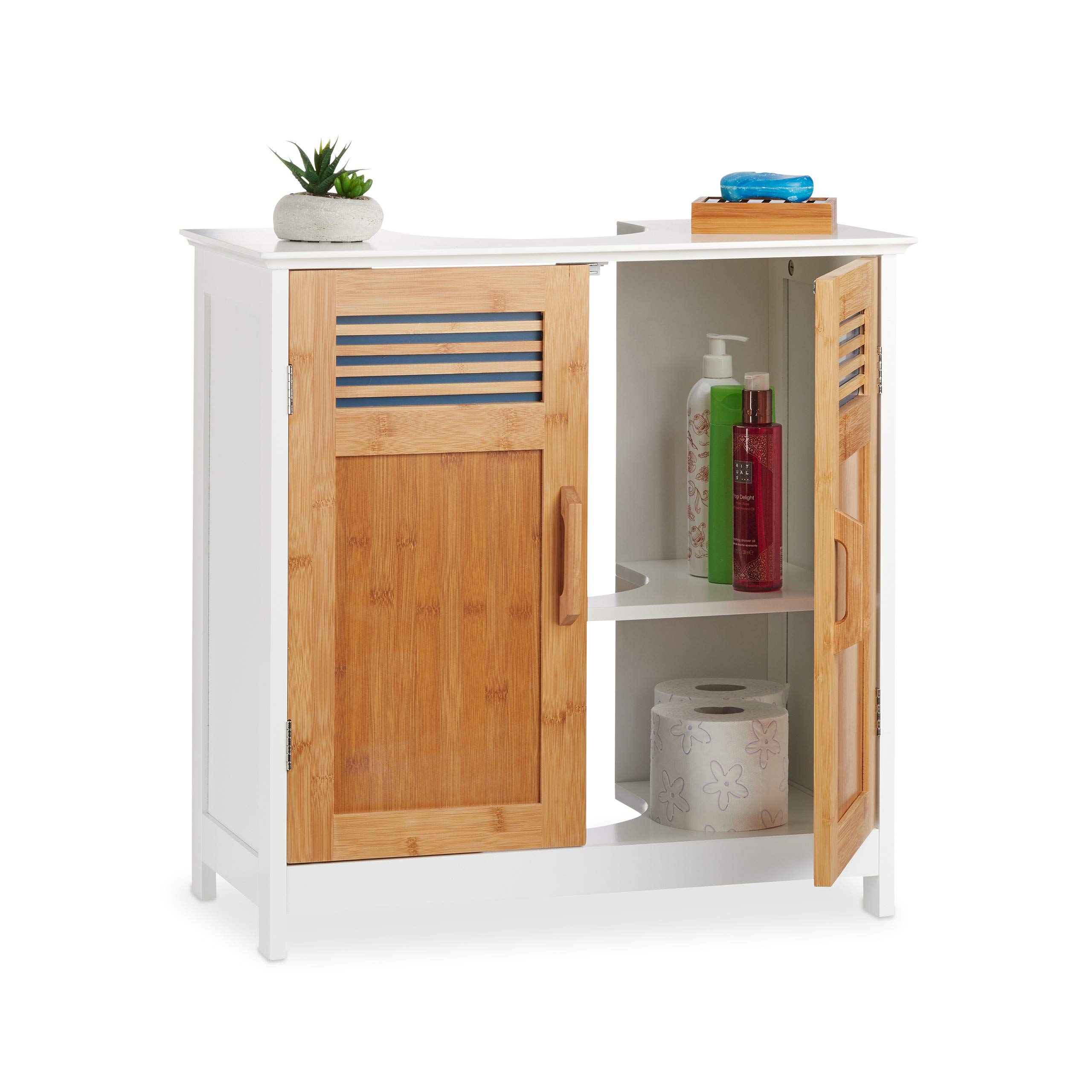 Relaxdays Basin Vanity Unit, Bamboo Doors, Height-Adjustable Shelf, Siphon Cut-Out, HWD: 60x60x30cm, Natural/White