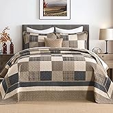 DUOHONG 100% Cotton 128"x120" Oversized Quilt Bedspread, Plaid Pattern California King Extra Large Quilt Bedding Set, Reversible Cal King XL Bed Spread Lightweight Comforter, Brown/Beige/Cream, 3Pcs
