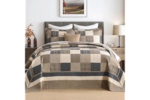 DUOHONG 100% Cotton 120"x120" Oversized Quilt Bedspread, Plaid Pattern California King Extra Large Quilt Bedding Set, Reversible Cal King XL Bed Spread Lightweight Comforter, Brown/Beige/Cream, 3Pcs