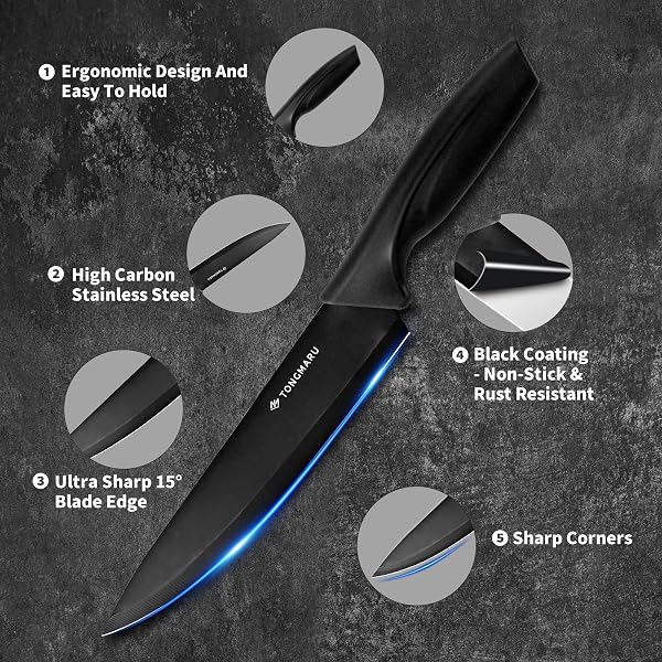 KNIFE SET WITH SHARPENER – 15 PCS HIGH CARBON STAINLESS STEEL KNIVES BLOCK SET, STAINLESS STEEL KNIFE SET, BUILT-IN SHARPENER KITCHEN KNIFE SET, WITH ANTI SLIP AND ERGONOMIC HANDLES (BLACK)