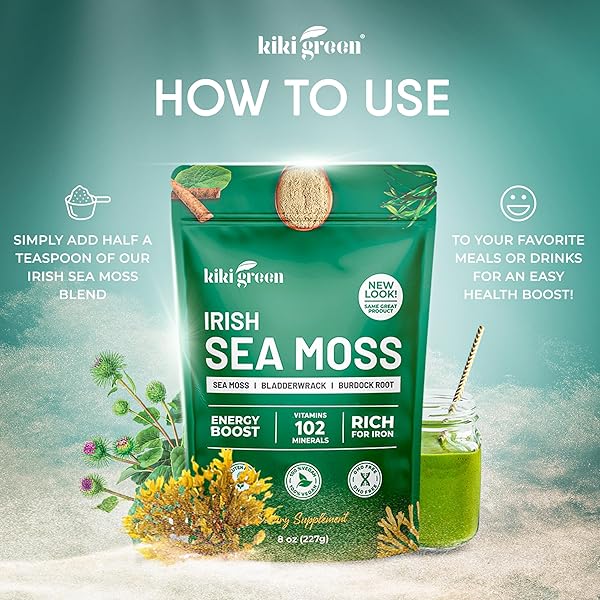 KIKI GREEN IRISH SEA MOSS POWDER 8 OZ – WITH BLADDERWRACK BURDOCK ROOT EXTRACT FOR IMMUNE SUPPORT – KETO, VEGAN SUPPLEMENT