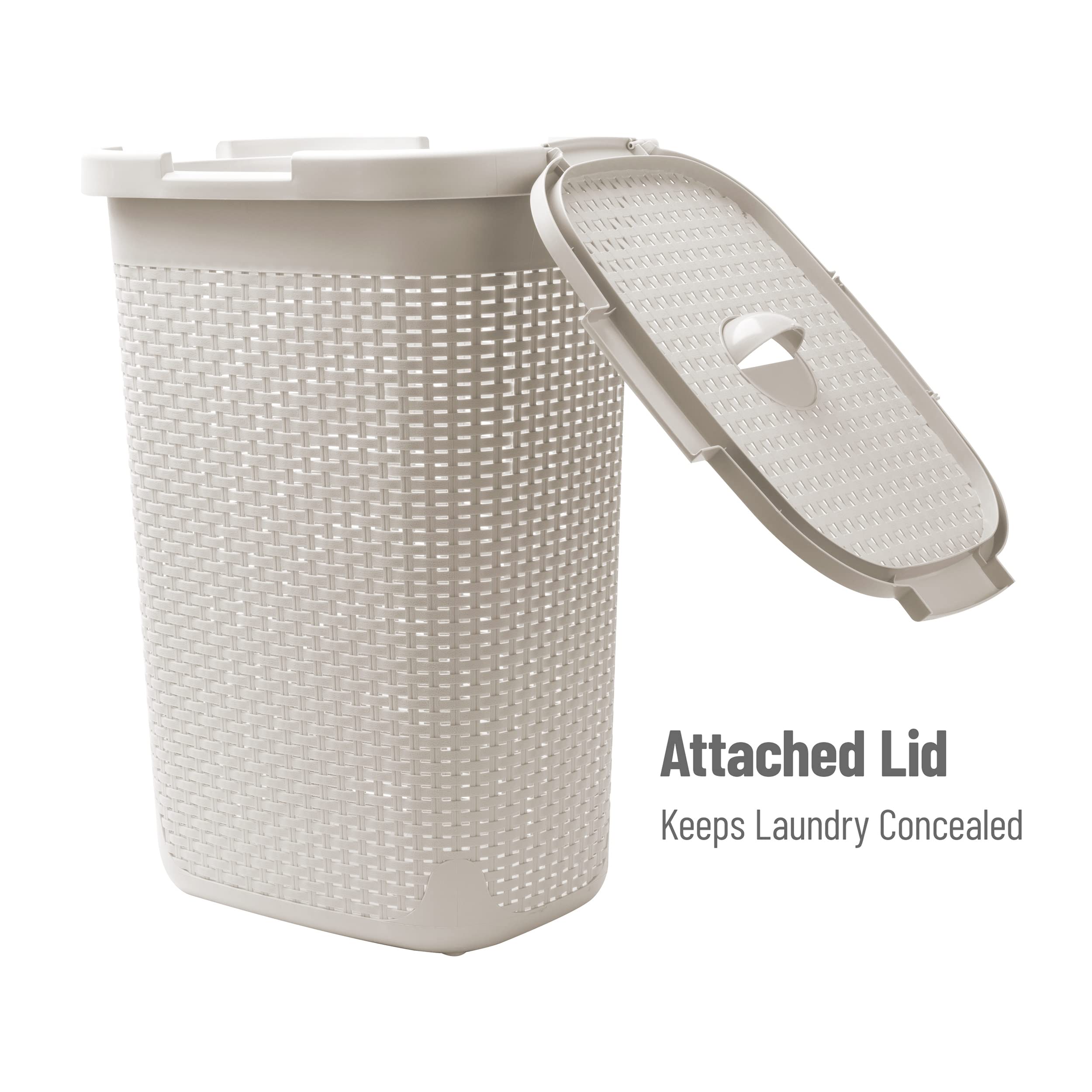 Mind Reader Slim Laundry Hamper with Lid, 60L Clothes Basket, Premium Wicker Design, Plastic, Ivory