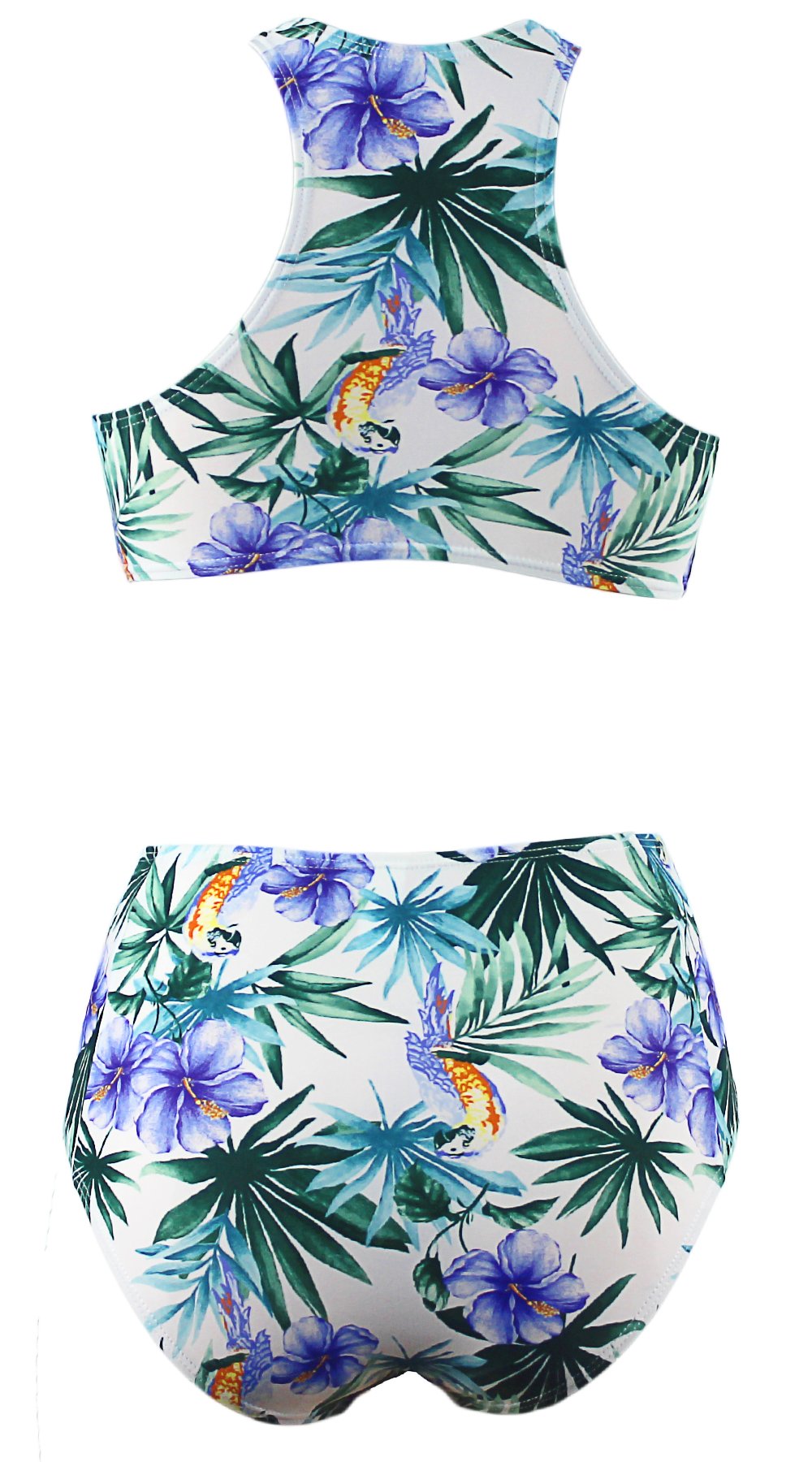 Agreya Womens Leaves Pattern High Waist 2 Piece Bikini Set Bathing Suit (White Purple Flower, L)