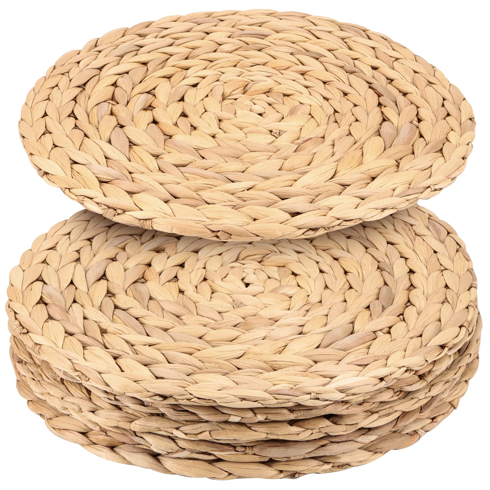 JAPCHET 6 Pack 33cm Water Hyacinth Woven Placemat, Round Natural Wicker Braided Placemats for Dining Table