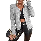 Verdusa Women's Ruffle Trim V Neck Button Down Long Sleeve Knit Cardigan Sweater