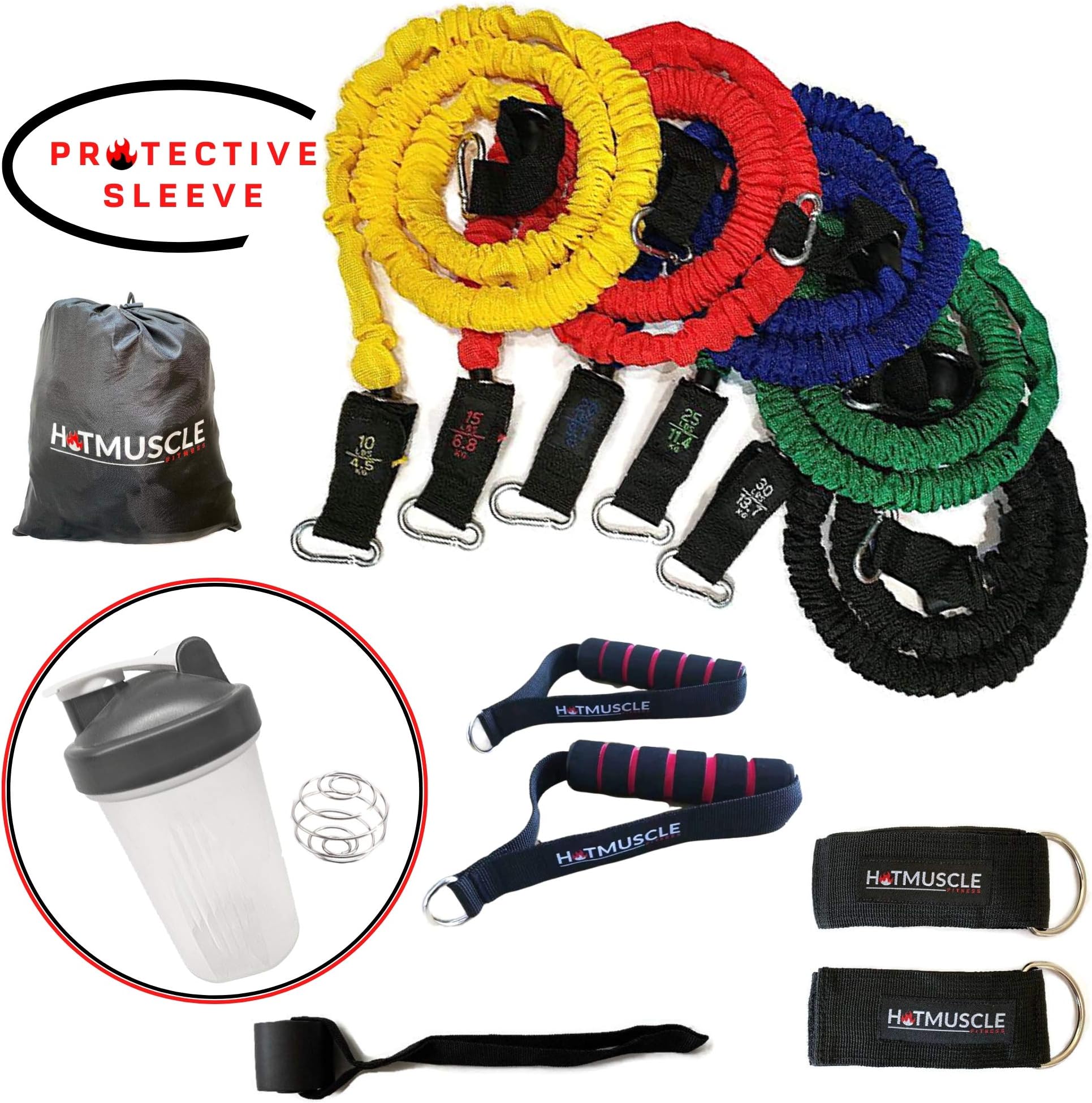 Resistance Bands with Handle Set - Anti Snap Nylon Covered Sleeve Exercise Bands with Handles -13 Pcs Tension Bands for Working Out with Door Anchor, Ankle Straps, Carry Bag and Protein Shaker Cup