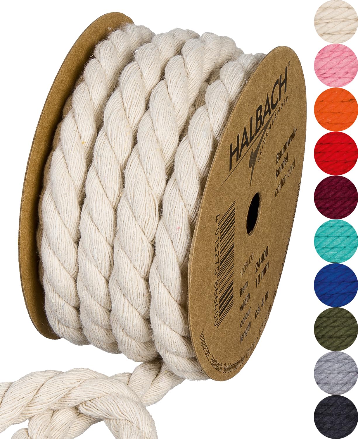 Halbach Seidenbänder Recycled Cotton Cord, Width: 10 mm/Length 4 m, Sustainable Cotton Yarn for Macrame, Natural Cord for Crafts, Colour: Natural White